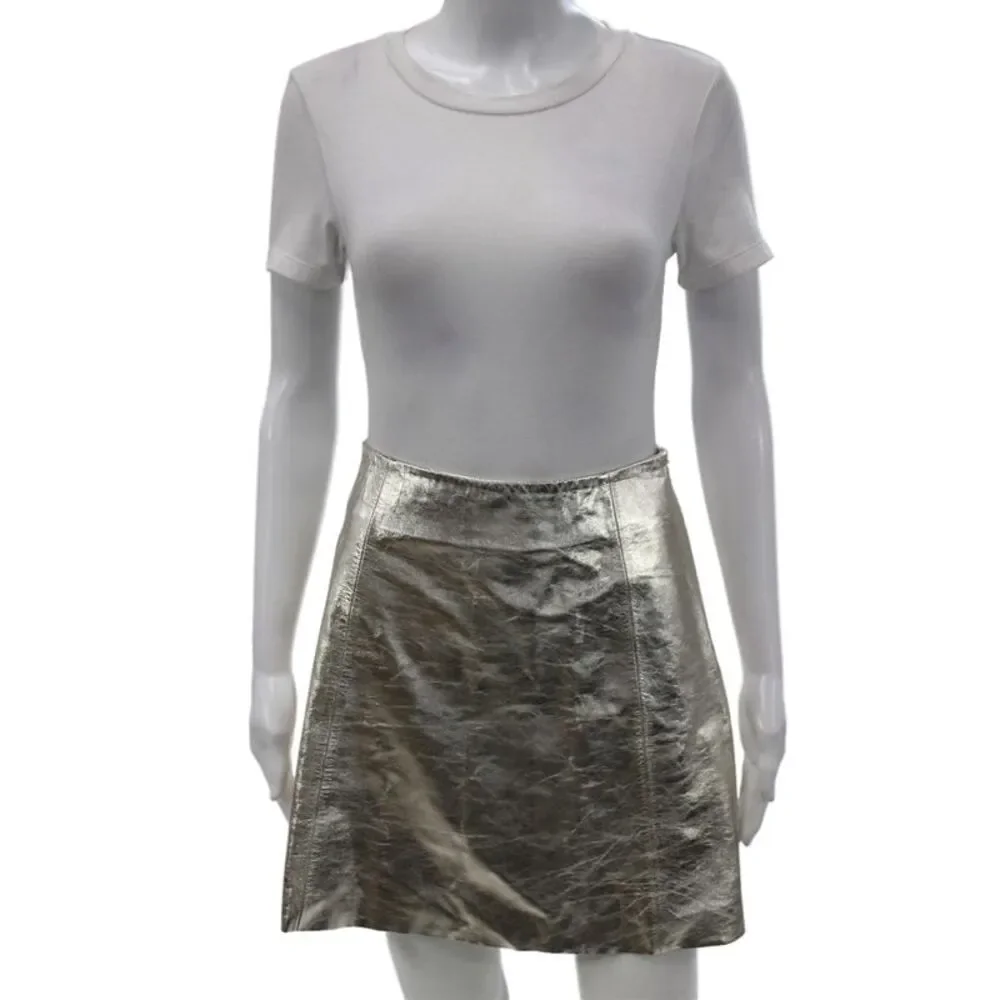 Wythe NY Womens Metallic Silver 100% Lamb Leather A-Line Mini Skirt Size S